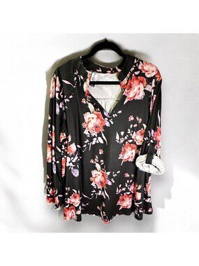 Amclos Women’s Floral Long Sleeve Blouse Top 2XL Black & Red Roses Stretchy